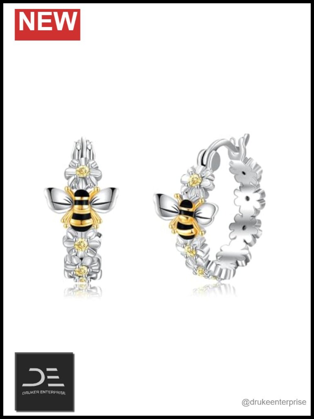 Honey Bee Hoop Earrings 925 Sterling Silver Daisy Motif for Women